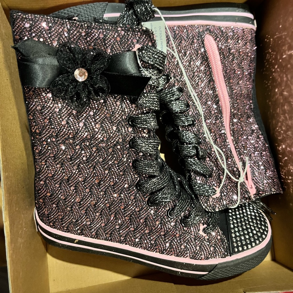 Black with sparkling pink high top sneakers for girls